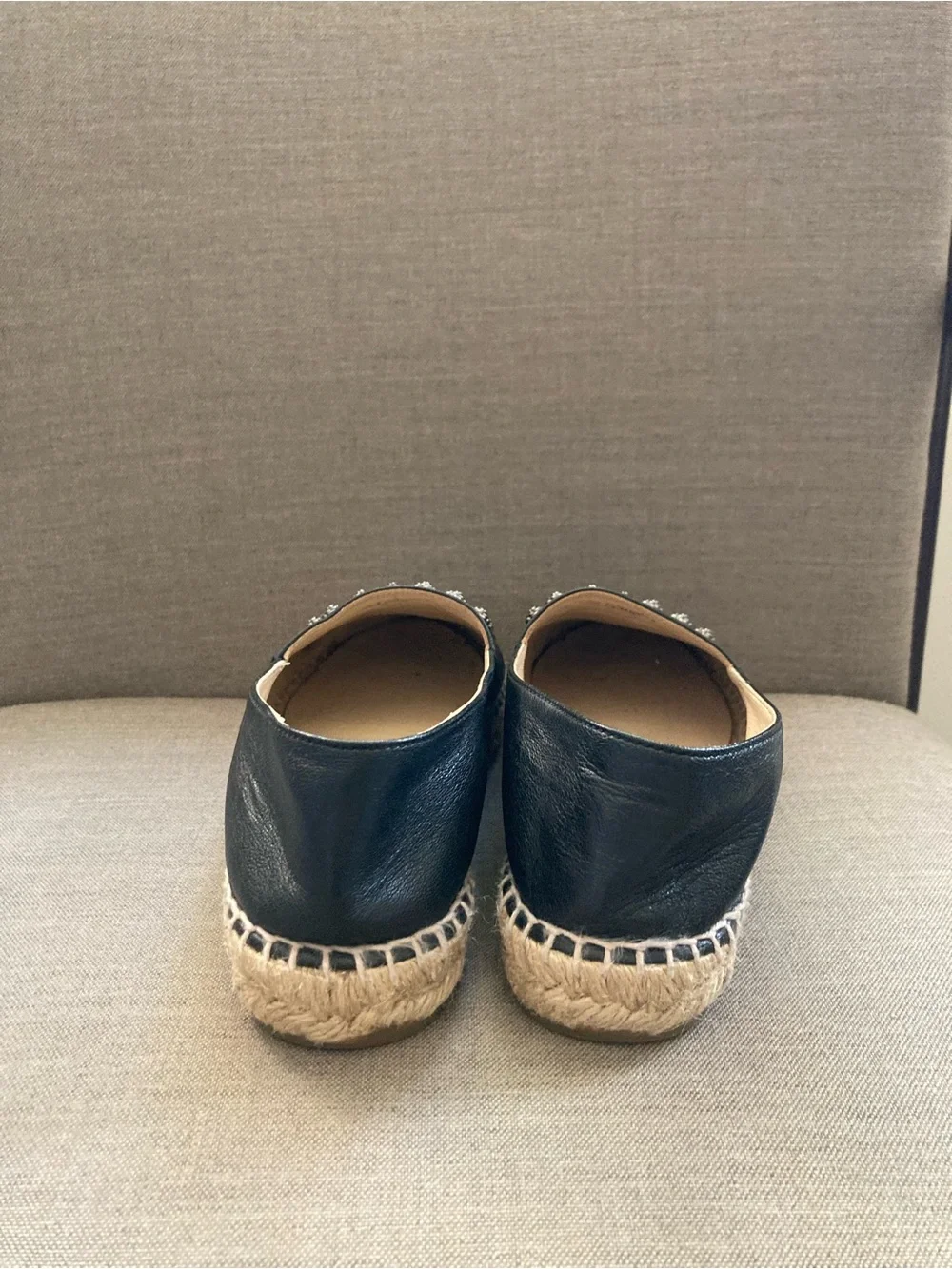 CHANEL Black Leather Espadrille Flats with Crystal CC Motif